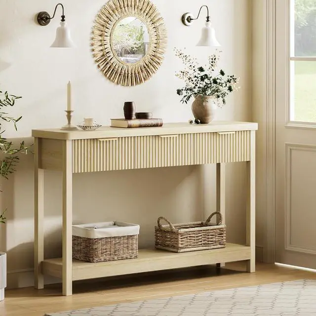 Alt view image 3 of 7 - Fluted Console Table, 51 Inch Entryway Table with 3 Drawers | Scandi farmhouse look with quiet full-extension slides, open lower shelf, profile for hallway, entry, foyer or behind sofa.