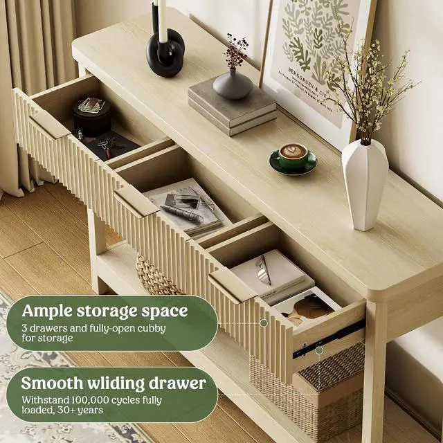 Alt view image 5 of 7 - Fluted Console Table, 51 Inch Entryway Table with 3 Drawers | Scandi farmhouse look with quiet full-extension slides, open lower shelf, profile for hallway, entry, foyer or behind sofa.