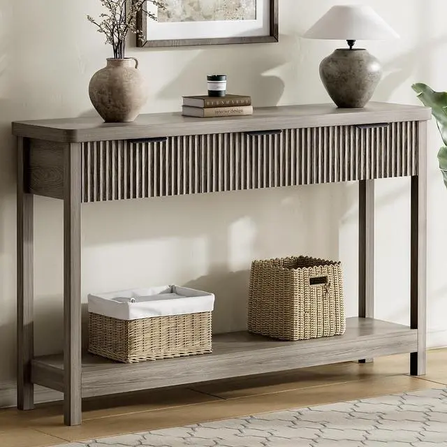 Main image of Fluted Console Table, 51 Inch Entryway Table with 3 Drawers | Scandi farmhouse look with quiet full-extension slides, open lower shelf, profile for hallway, entry, foyer or behind sofa.