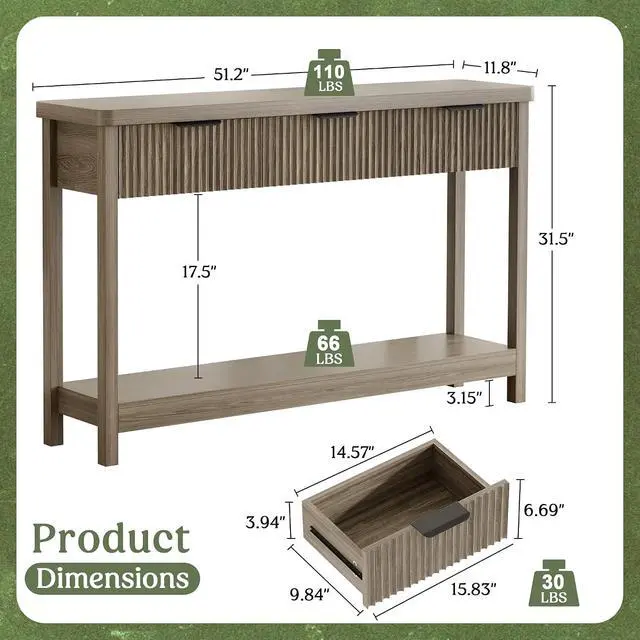 Alt view image 2 of 7 - Fluted Console Table, 51 Inch Entryway Table with 3 Drawers | Scandi farmhouse look with quiet full-extension slides, open lower shelf, profile for hallway, entry, foyer or behind sofa.