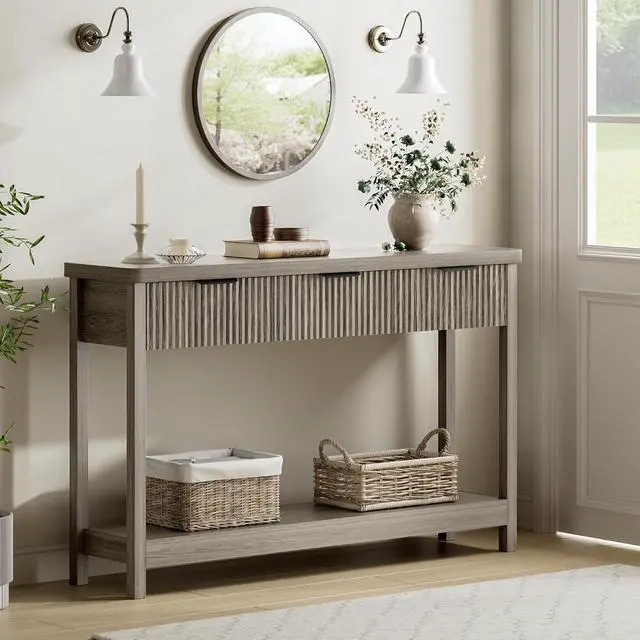 Alt view image 3 of 7 - Fluted Console Table, 51 Inch Entryway Table with 3 Drawers | Scandi farmhouse look with quiet full-extension slides, open lower shelf, profile for hallway, entry, foyer or behind sofa.