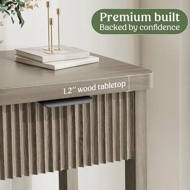 Alt view image 4 of 7 - Fluted Console Table, 51 Inch Entryway Table with 3 Drawers | Scandi farmhouse look with quiet full-extension slides, open lower shelf, profile for hallway, entry, foyer or behind sofa.