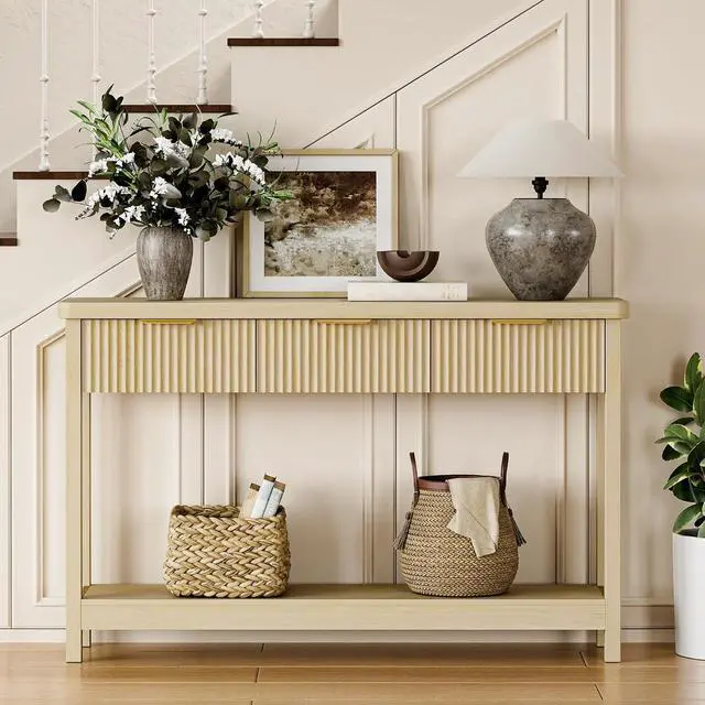 Alt view image 6 of 7 - Fluted Console Table, 51 Inch Entryway Table with 3 Drawers | Scandi farmhouse look with quiet full-extension slides, open lower shelf, profile for hallway, entry, foyer or behind sofa.