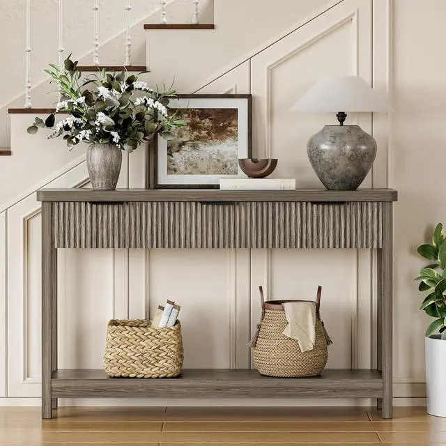 Alt view image 6 of 7 - Fluted Console Table, 51 Inch Entryway Table with 3 Drawers | Scandi farmhouse look with quiet full-extension slides, open lower shelf, profile for hallway, entry, foyer or behind sofa.