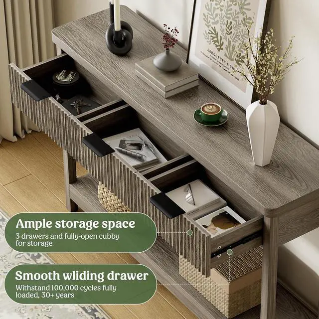 Alt view image 5 of 7 - Fluted Console Table, 51 Inch Entryway Table with 3 Drawers | Scandi farmhouse look with quiet full-extension slides, open lower shelf, profile for hallway, entry, foyer or behind sofa.