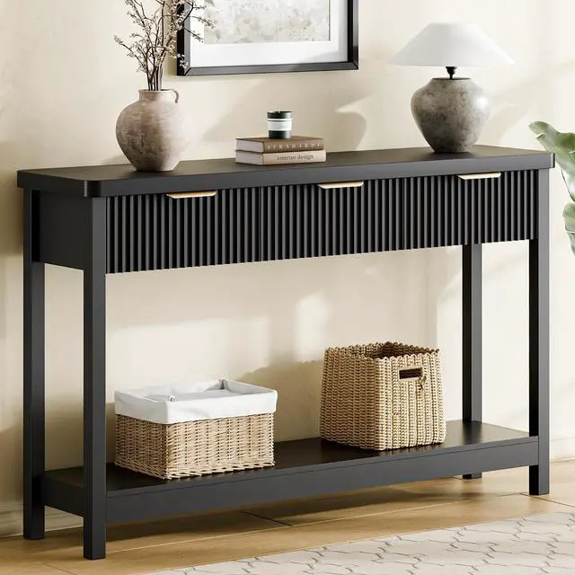 Main image of Fluted Console Table, 51 Inch Entryway Table with 3 Drawers | Scandi farmhouse look with quiet full-extension slides, open lower shelf, profile for hallway, entry, foyer or behind sofa.