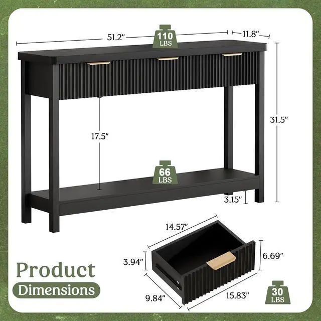 Alt view image 2 of 7 - Fluted Console Table, 51 Inch Entryway Table with 3 Drawers | Scandi farmhouse look with quiet full-extension slides, open lower shelf, profile for hallway, entry, foyer or behind sofa.