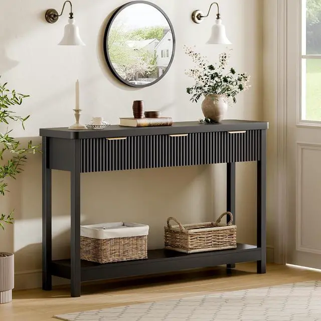 Alt view image 3 of 7 - Fluted Console Table, 51 Inch Entryway Table with 3 Drawers | Scandi farmhouse look with quiet full-extension slides, open lower shelf, profile for hallway, entry, foyer or behind sofa.