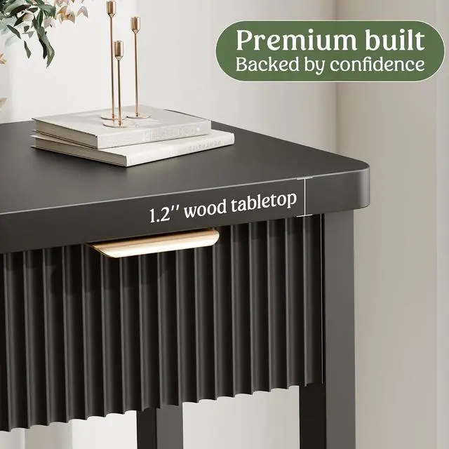 Alt view image 4 of 7 - Fluted Console Table, 51 Inch Entryway Table with 3 Drawers | Scandi farmhouse look with quiet full-extension slides, open lower shelf, profile for hallway, entry, foyer or behind sofa.