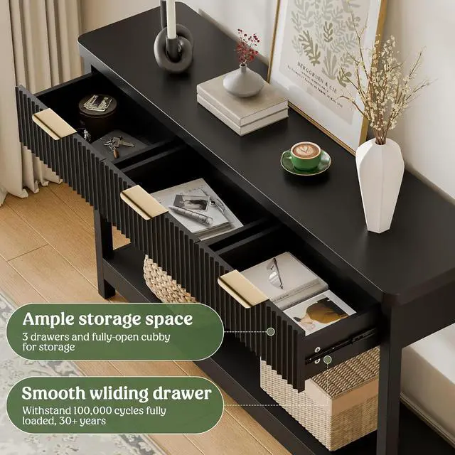 Alt view image 5 of 7 - Fluted Console Table, 51 Inch Entryway Table with 3 Drawers | Scandi farmhouse look with quiet full-extension slides, open lower shelf, profile for hallway, entry, foyer or behind sofa.