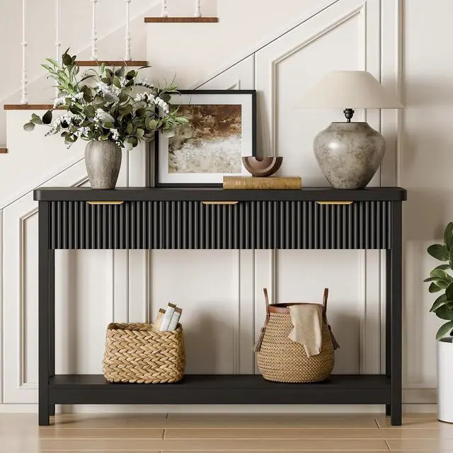 Alt view image 6 of 7 - Fluted Console Table, 51 Inch Entryway Table with 3 Drawers | Scandi farmhouse look with quiet full-extension slides, open lower shelf, profile for hallway, entry, foyer or behind sofa.