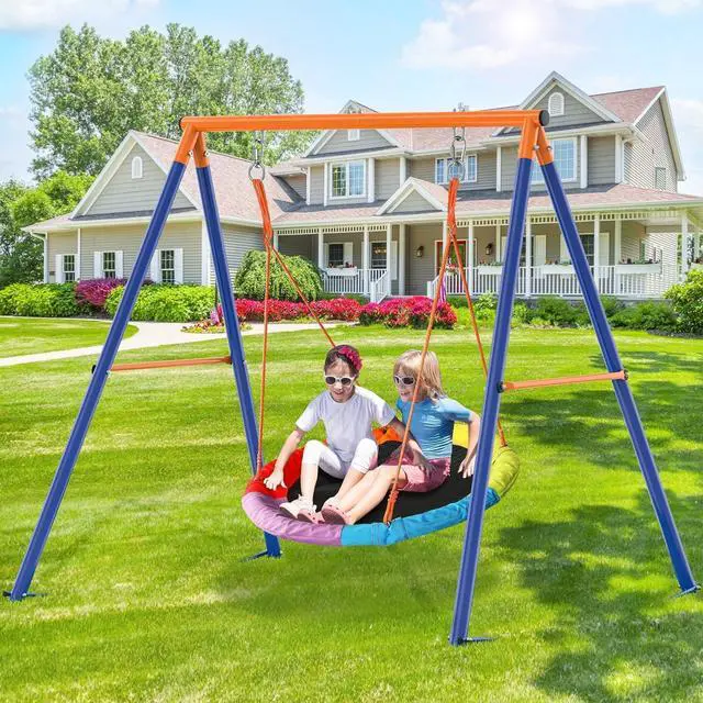 Main image of Saucer Swing with Stand, 40" Round Seat and 440 lb Metal Frame | Single wide saucer swing with adjustable ropes, weather-resistant steel, 440 lb capacity, and family-size round seating.