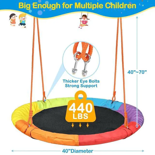 Alt view image 3 of 7 - Saucer Swing with Stand, 40" Round Seat and 440 lb Metal Frame | Single wide saucer swing with adjustable ropes, weather-resistant steel, 440 lb capacity, and family-size round seating.