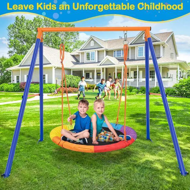 Alt view image 7 of 7 - Saucer Swing with Stand, 40" Round Seat and 440 lb Metal Frame | Single wide saucer swing with adjustable ropes, weather-resistant steel, 440 lb capacity, and family-size round seating.