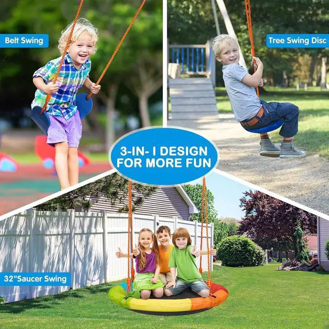 Alt view image 3 of 5 - Swing Sets for Backyard, 3 Seats with Saucer, Belt and Disc Swing | 32" saucer, 26" belt seat, tree disc swing let up to three kids play; 124.4" wide frame is best for larger, level yards.