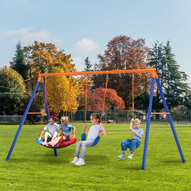 Alt view image 5 of 5 - Swing Sets for Backyard, 3 Seats with Saucer, Belt and Disc Swing | 32" saucer, 26" belt seat, tree disc swing let up to three kids play; 124.4" wide frame is best for larger, level yards.