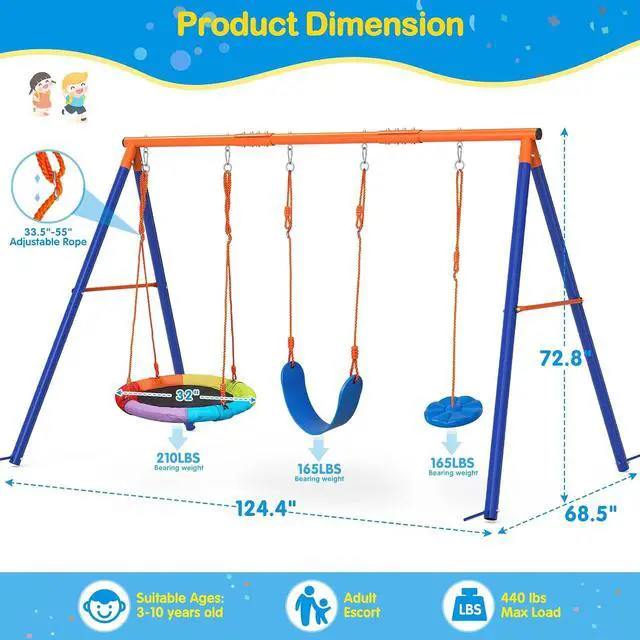 Alt view image 4 of 5 - Swing Sets for Backyard, 3 Seats with Saucer, Belt and Disc Swing | 32" saucer, 26" belt seat, tree disc swing let up to three kids play; 124.4" wide frame is best for larger, level yards.