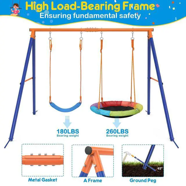 Alt view image 3 of 7 - Swing Set with Stand, 32" Saucer Plus Belt Seat for Backyard | Dual-seat backyard setup with quick-drying saucer fabric, classic belt seat, metal A-frame, and enough space for 2 kids.