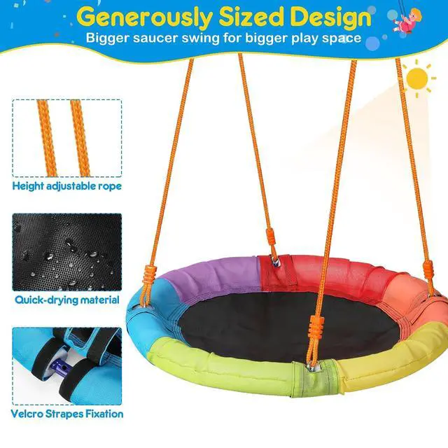 Alt view image 4 of 7 - Swing Set with Stand, 32" Saucer Plus Belt Seat for Backyard | Dual-seat backyard setup with quick-drying saucer fabric, classic belt seat, metal A-frame, and enough space for 2 kids.