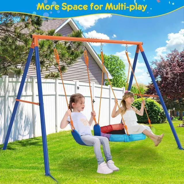 Alt view image 6 of 7 - Swing Set with Stand, 32" Saucer Plus Belt Seat for Backyard | Dual-seat backyard setup with quick-drying saucer fabric, classic belt seat, metal A-frame, and enough space for 2 kids.