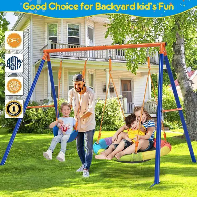 Alt view image 7 of 7 - Swing Set with Stand, 32" Saucer Plus Belt Seat for Backyard | Dual-seat backyard setup with quick-drying saucer fabric, classic belt seat, metal A-frame, and enough space for 2 kids.