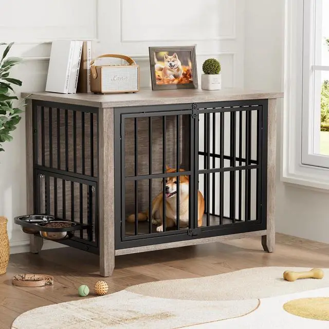 Alt view image 2 of 7 - Dog Crate Furniture, Wooden Dog Kennel Indoor with Adjustable 360°& Height Dog Bowls, Double Doors Furniture Dog Crates End Table for Small/Medium 31.5" L*22.5" W*25.6" H, Grey