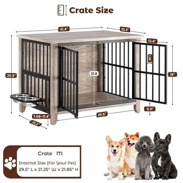 Alt view image 4 of 7 - Dog Crate Furniture, Wooden Dog Kennel Indoor with Adjustable 360°& Height Dog Bowls, Double Doors Furniture Dog Crates End Table for Small/Medium 31.5" L*22.5" W*25.6" H, Grey