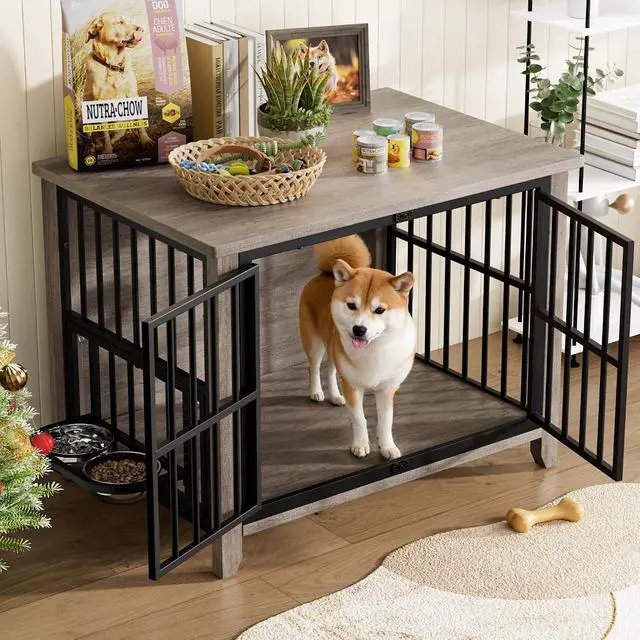 Alt view image 3 of 7 - Dog Crate Furniture, Wooden Dog Kennel Indoor with Adjustable 360°& Height Dog Bowls, Double Doors Furniture Dog Crates End Table for Small/Medium 31.5" L*22.5" W*25.6" H, Grey