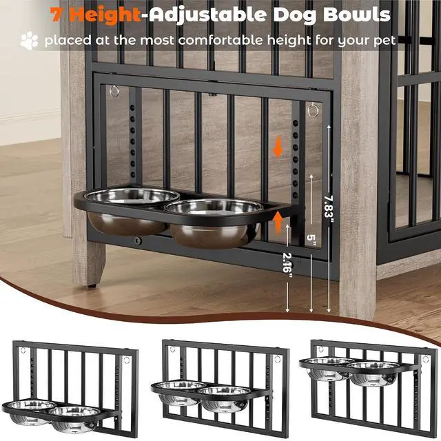 Alt view image 5 of 7 - Dog Crate Furniture, Wooden Dog Kennel Indoor with Adjustable 360°& Height Dog Bowls, Double Doors Furniture Dog Crates End Table for Small/Medium 31.5" L*22.5" W*25.6" H, Grey