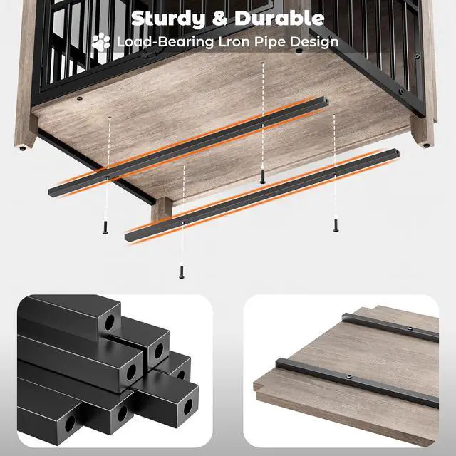 Alt view image 7 of 7 - Dog Crate Furniture, Wooden Dog Kennel Indoor with Adjustable 360°& Height Dog Bowls, Double Doors Furniture Dog Crates End Table for Small/Medium 31.5" L*22.5" W*25.6" H, Grey
