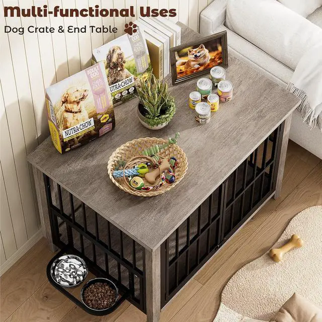 Alt view image 6 of 7 - Dog Crate Furniture, Wooden Dog Kennel Indoor with Adjustable 360°& Height Dog Bowls, Double Doors Furniture Dog Crates End Table for Small/Medium 31.5" L*22.5" W*25.6" H, Grey