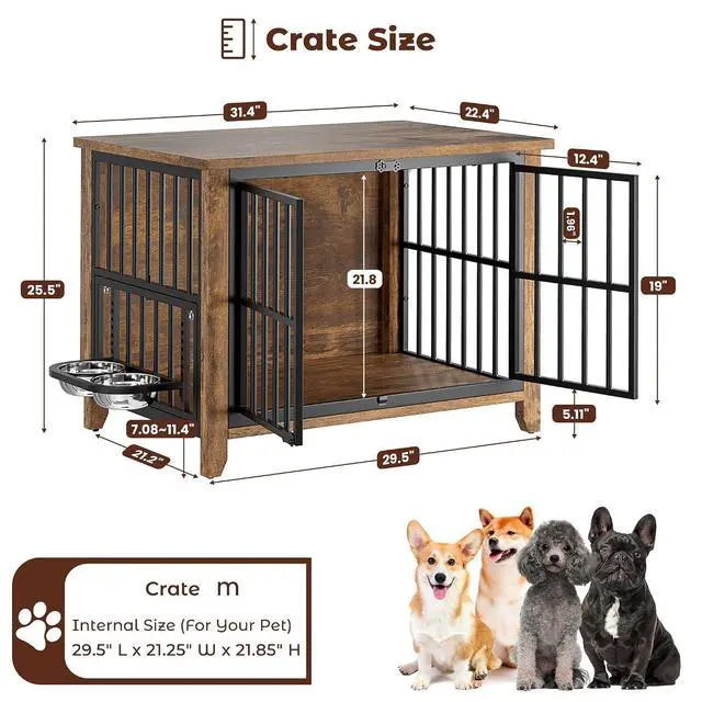 Alt view image 4 of 7 - Dog Crate Furniture, Wooden Dog Kennel Indoor with Adjustable 360°& Height Dog Bowls, Double Doors Furniture Dog Crates End Table for Small/Medium 31.5" L*22.5" W*25.6" H, Brown