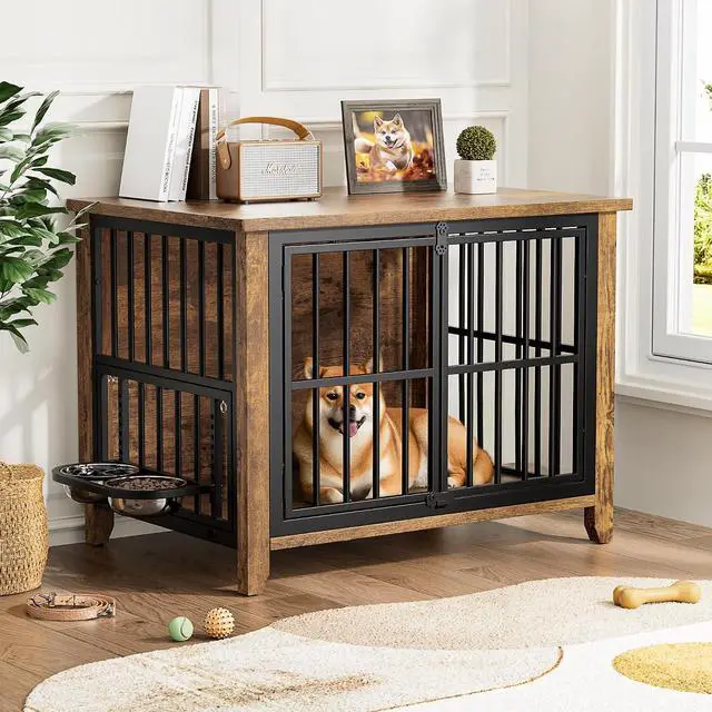 Alt view image 2 of 7 - Dog Crate Furniture, Wooden Dog Kennel Indoor with Adjustable 360°& Height Dog Bowls, Double Doors Furniture Dog Crates End Table for Small/Medium 31.5" L*22.5" W*25.6" H, Brown