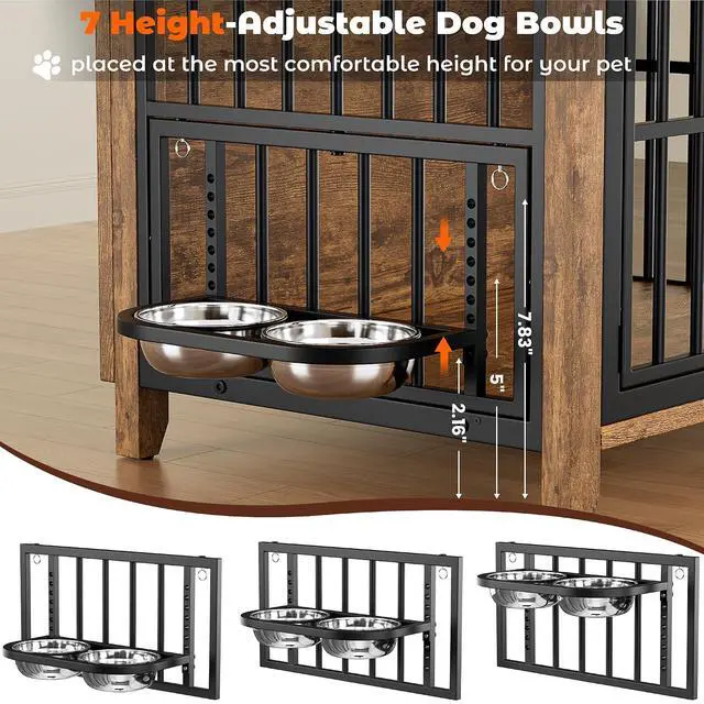 Alt view image 5 of 7 - Dog Crate Furniture, Wooden Dog Kennel Indoor with Adjustable 360°& Height Dog Bowls, Double Doors Furniture Dog Crates End Table for Small/Medium 31.5" L*22.5" W*25.6" H, Brown