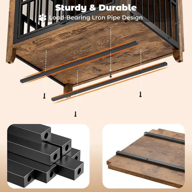 Alt view image 7 of 7 - Dog Crate Furniture, Wooden Dog Kennel Indoor with Adjustable 360°& Height Dog Bowls, Double Doors Furniture Dog Crates End Table for Small/Medium 31.5" L*22.5" W*25.6" H, Brown