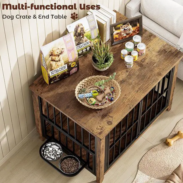 Alt view image 6 of 7 - Dog Crate Furniture, Wooden Dog Kennel Indoor with Adjustable 360°& Height Dog Bowls, Double Doors Furniture Dog Crates End Table for Small/Medium 31.5" L*22.5" W*25.6" H, Brown