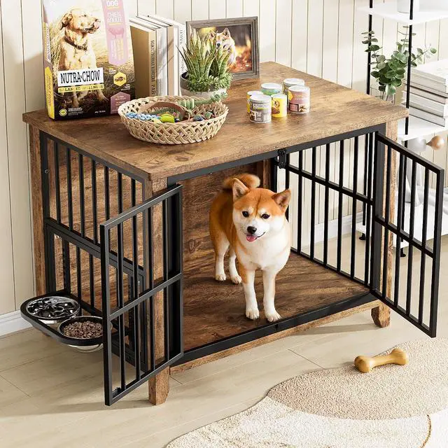 Alt view image 3 of 7 - Dog Crate Furniture, Wooden Dog Kennel Indoor with Adjustable 360°& Height Dog Bowls, Double Doors Furniture Dog Crates End Table for Small/Medium 31.5" L*22.5" W*25.6" H, Brown