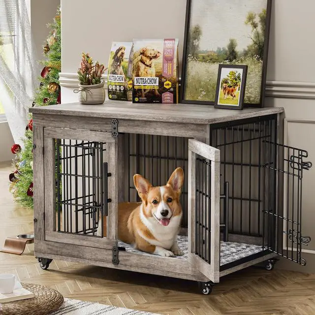 Main image of Dog Crate Furniture for Medium Dogs, 32'' Dog Kennel Indoor with Cushion & Wheels Wooden Dog Cage Double Doors Dog Crate End Table, Grey