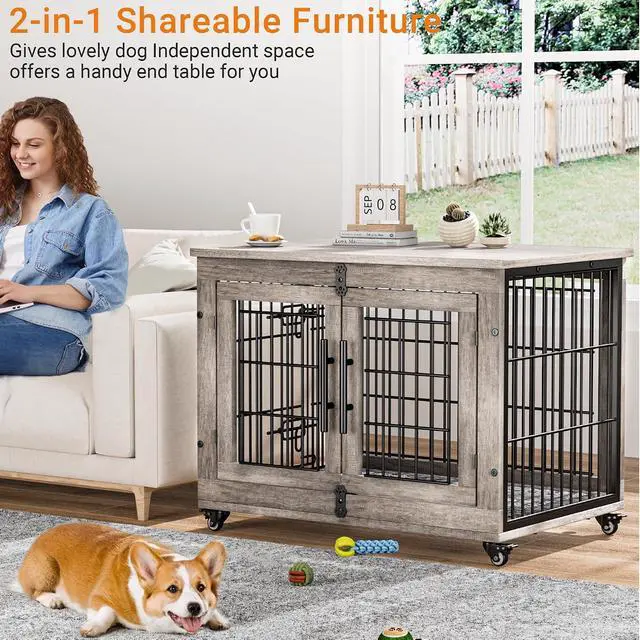 Alt view image 2 of 7 - Dog Crate Furniture for Medium Dogs, 32'' Dog Kennel Indoor with Cushion & Wheels Wooden Dog Cage Double Doors Dog Crate End Table, Grey