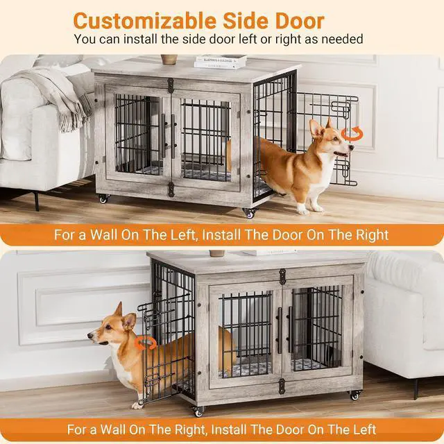 Alt view image 3 of 7 - Dog Crate Furniture for Medium Dogs, 32'' Dog Kennel Indoor with Cushion & Wheels Wooden Dog Cage Double Doors Dog Crate End Table, Grey