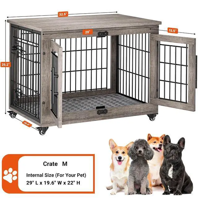 Alt view image 4 of 7 - Dog Crate Furniture for Medium Dogs, 32'' Dog Kennel Indoor with Cushion & Wheels Wooden Dog Cage Double Doors Dog Crate End Table, Grey