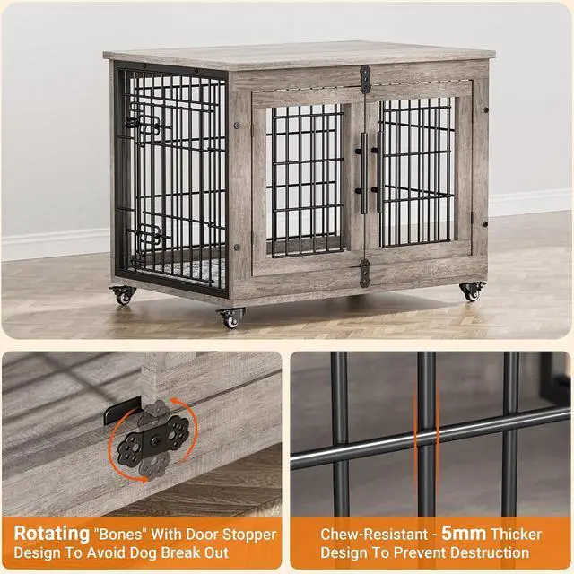 Alt view image 7 of 7 - Dog Crate Furniture for Medium Dogs, 32'' Dog Kennel Indoor with Cushion & Wheels Wooden Dog Cage Double Doors Dog Crate End Table, Grey