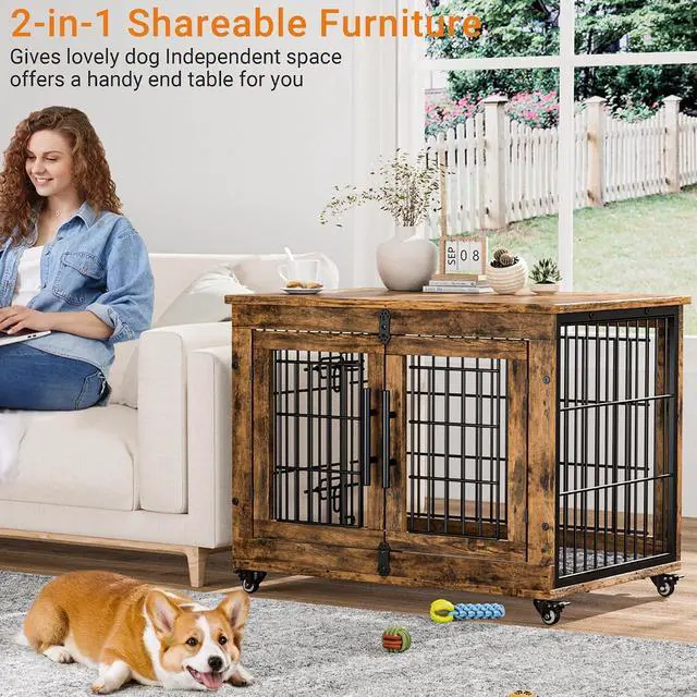 Alt view image 2 of 7 - Dog Crate Furniture, Dog Kennel Indoor Double Doors Wooden Dog Cage, 32'' Heavy Duty Dog Crate with Cushion & Wheels, Decorative End Table Pet House Chew-Resistant for Medium/Small, Brown
