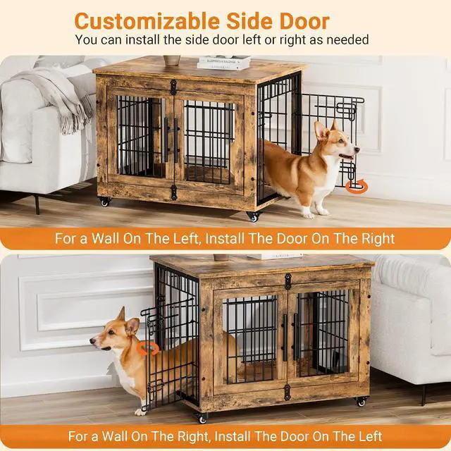 Alt view image 3 of 7 - Dog Crate Furniture, Dog Kennel Indoor Double Doors Wooden Dog Cage, 32'' Heavy Duty Dog Crate with Cushion & Wheels, Decorative End Table Pet House Chew-Resistant for Medium/Small, Brown