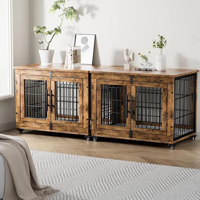 Alt view image 4 of 7 - Dog Crate Furniture, Dog Kennel Indoor Double Doors Wooden Dog Cage, 32'' Heavy Duty Dog Crate with Cushion & Wheels, Decorative End Table Pet House Chew-Resistant for Medium/Small, Brown