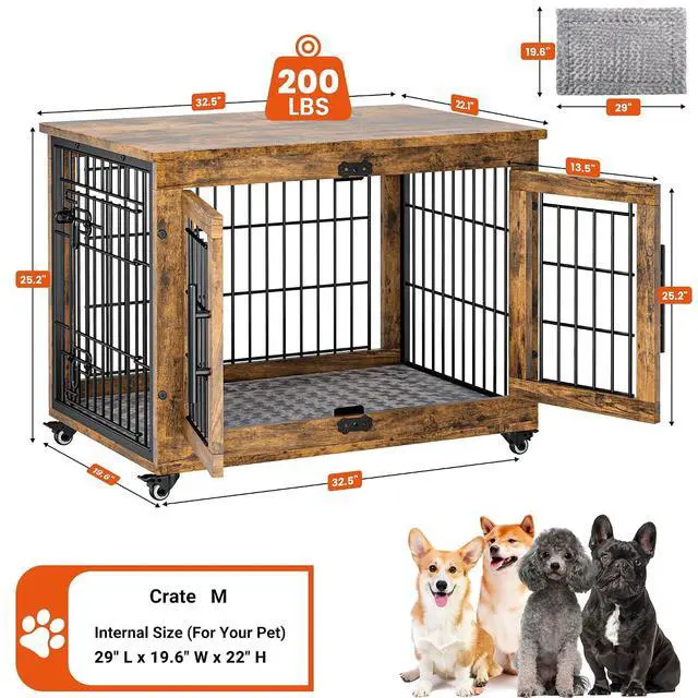 Alt view image 5 of 7 - Dog Crate Furniture, Dog Kennel Indoor Double Doors Wooden Dog Cage, 32'' Heavy Duty Dog Crate with Cushion & Wheels, Decorative End Table Pet House Chew-Resistant for Medium/Small, Brown
