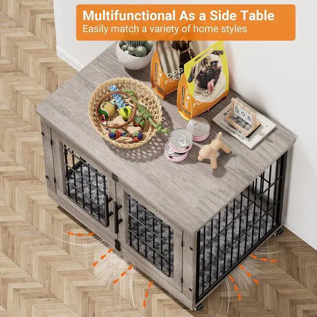 Alt view image 4 of 7 - Dog Crate Furniture Set of 2, Dog Kennel Indoor Double Doors Wooden Dog Cage, 32'' Heavy Duty Dog Crate with Cushion & Wheels, End Table Pet House Chew-Resistant Up to 45 lb, Grey