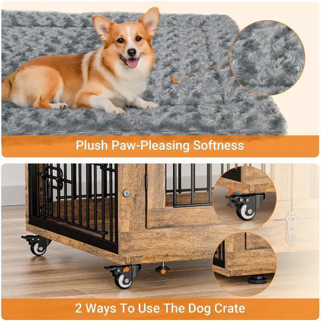 Alt view image 6 of 7 - Dog Crate Furniture, Dog Kennel Indoor Double Doors Wooden Dog Cage, 32'' Heavy Duty Dog Crate with Cushion & Wheels, Decorative End Table Pet House Chew-Resistant for Medium/Small, Brown