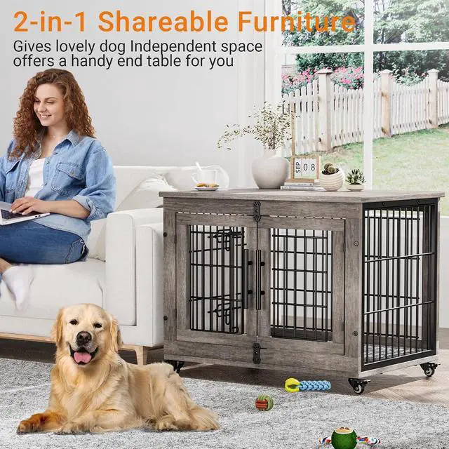 Alt view image 2 of 7 - Dog Crate Furniture Set of 2, Dog Kennel Indoor Double Doors Wooden Dog Cage, 32'' Heavy Duty Dog Crate with Cushion & Wheels, End Table Pet House Chew-Resistant Up to 45 lb, Grey