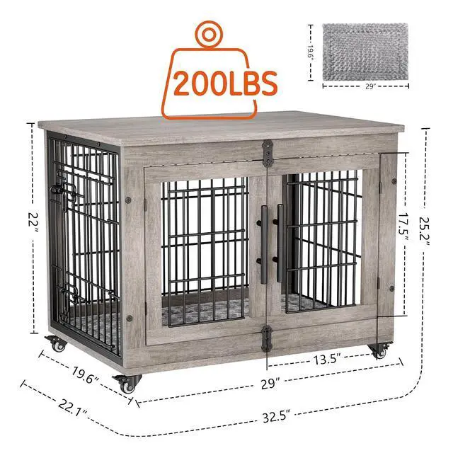 Alt view image 3 of 7 - Dog Crate Furniture Set of 2, Dog Kennel Indoor Double Doors Wooden Dog Cage, 32'' Heavy Duty Dog Crate with Cushion & Wheels, End Table Pet House Chew-Resistant Up to 45 lb, Grey